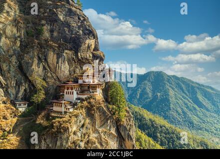 A view of the cliffside Tiger's Nest Monastery in Paro, Bhutan Stock Photo