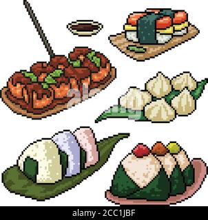 pixel art set isolated japanese snack Stock Vector