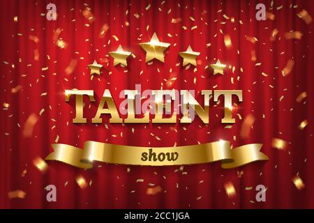 Golden talent show text on ribbon over red curtain Stock Vector