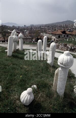 16th April 1994 During the Siege of Sarajevo: grave markers in Alifakovac cemetery, in the south-east of the city. Stock Photo