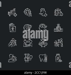 Hospital chalk white icons set on black background Stock Vector