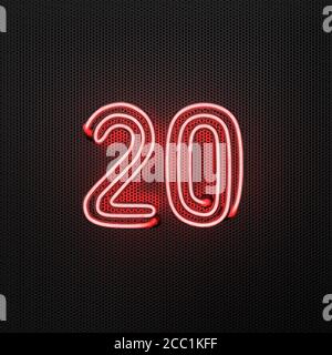 Glowing red neon number 20 (number twenty) on a perforated metal background. 3D illustration Stock Photo