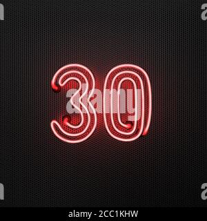 Glowing red neon number 30 (number thirty) on a perforated metal background. 3D illustration Stock Photo