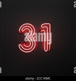 Glowing red neon number 31 (number thirty-one) on a perforated metal background. 3D illustration Stock Photo