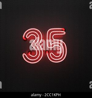 Glowing red neon number 35 (number thirty-five) on a perforated metal background. 3D illustration Stock Photo