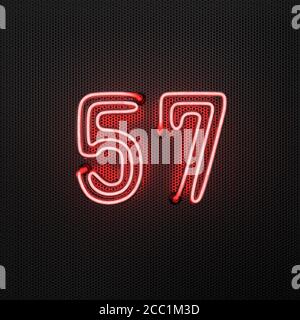 Glowing red neon number 57 (number fifty-seven) on a perforated metal background. 3D illustration Stock Photo