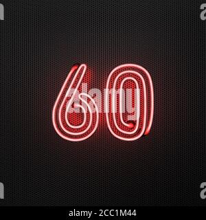 Glowing red neon number 60 (number sixty) on a perforated metal background. 3D illustration Stock Photo