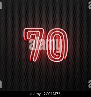 Glowing red neon number 70 (number seventy) on a perforated metal background. 3D illustration Stock Photo