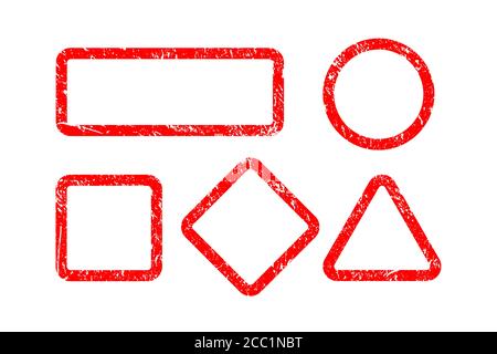 Vector Illustration red blank geometrical frames in grunge texture style set. Design templates of brush painted grungy rectangle, square, rhombus Stock Vector