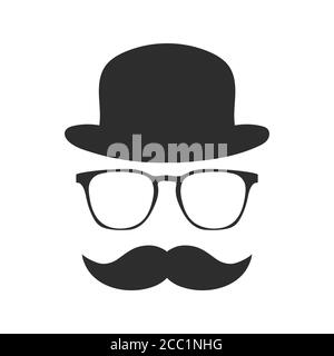 Vintage silhouette of bowler, mustaches, glasses. Vector illustration of gentleman or hipster. Stock Vector