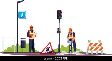 Road workers semi flat RGB color vector illustration Stock Vector