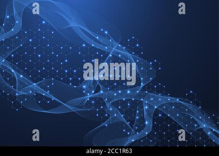 Molecular structure background. Science template wallpaper or banner with a DNA molecules. Asbtract molecule background with hexagons, wave flow Stock Vector