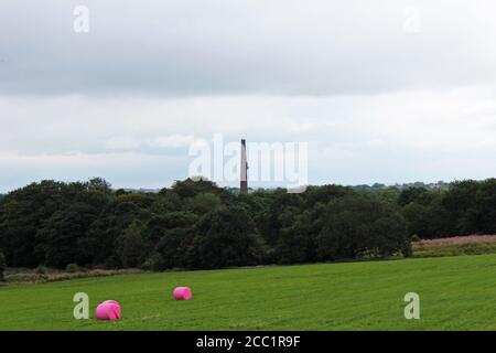 A view of Barrow Bridge Chimney with a forest and field with pink hay bales in front on Winter hill, England Stock Photo