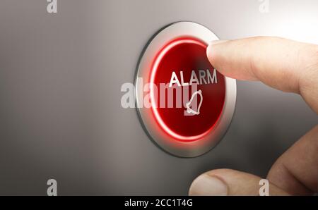 Finger pressing a red alarm button. Warning concept. Composite image between a hand photography and a 3D background. Stock Photo