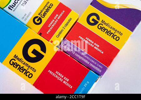 Medicine packaging of brazilian cheap generic drug, on an white background. Stock Photo