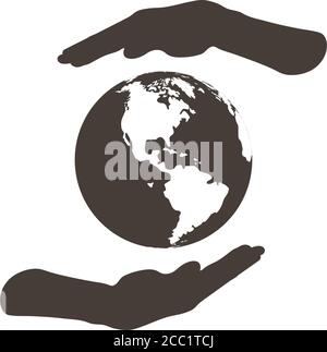 Earth day emblem with palms holding planet. Vector illustration Stock ...