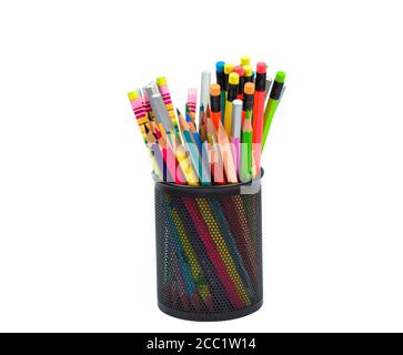 Black colored plastic pencil holder containing many different colored wood pencil crayons Stock Photo