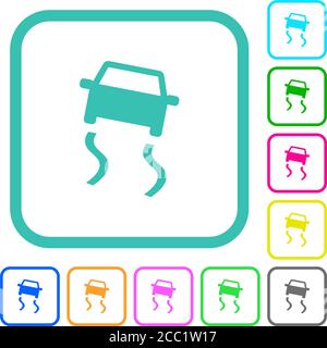 Slippery road dashboard indicator vivid colored flat icons in curved borders on white background Stock Vector