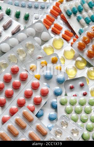 Several tablets and capsules in blister packs, close-up Stock Photo