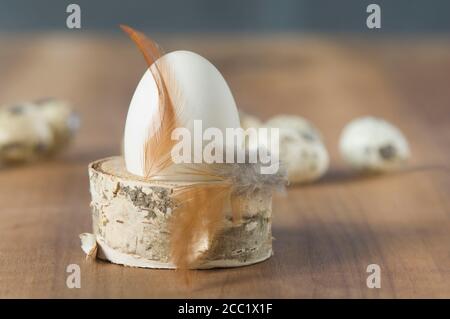 Easter eggs with Quail egg, feather on wood Stock Photo