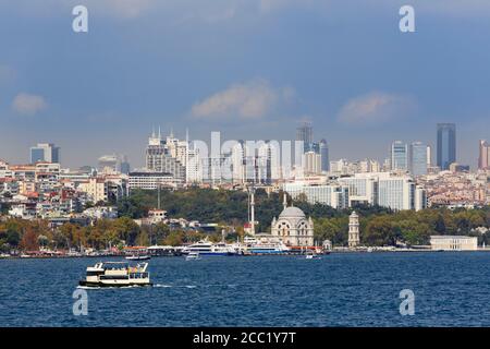 Turkey, Istanbul, View of Dolmabache Mosque and high rises in Sisli Stock Photo