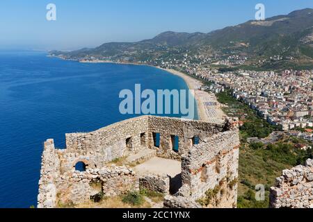 Turkey, Alanya, View of Alanya Castle at Cleopatra Beach Stock Photo