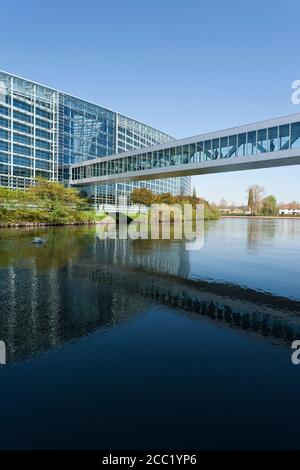 France, Alsace, Strasbourg, View of European Parliament building with L'ill river Stock Photo