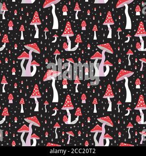 Poisonous Fly Agaric Pattern on Black in Flat Stock Vector