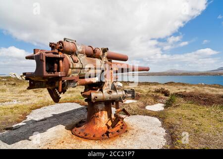 South Atlantic, United Kingdom, British Overseas Territories, East Falkland, Falkland Islands, Falklands, Port Stanley, Stanley, View of old gun Stock Photo