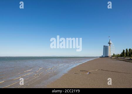 Portugal, Lisbon, View of Vasco da Gama Tower and Sana Hotels at River Tagus Stock Photo