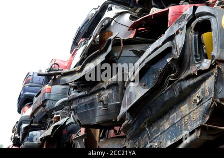 Pile of crushed scrapped cars, close-up Stock Photo