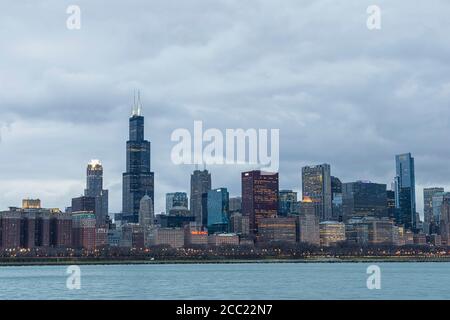 USA, Illinois, Chicago, View of Willis Tower with Lake Michigan Stock Photo