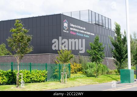 Aldridge UTC college Media City, Manchester, UK. Unique Technical Creative logo. Front with windows. Stock Photo