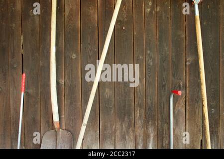 Several gardening tools on brown wooden wall Stock Photo