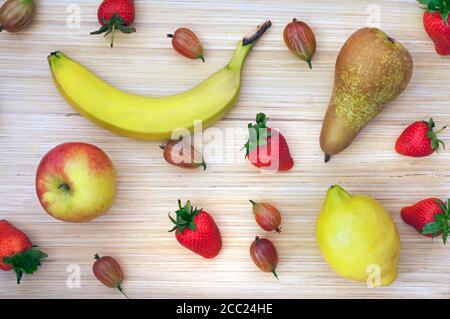Vatiety of fruits on table, close up Stock Photo