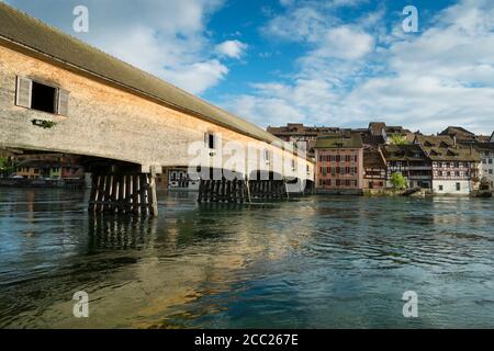 Germany, Baden Wuerttemberg, Historic wooden bridge over River Rhine from Gailingen to Diessenhofen Stock Photo