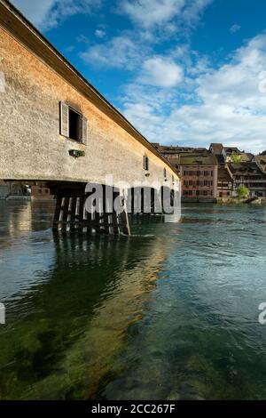 Germany, Baden Wuerttemberg, Historic wooden bridge over River Rhine from Gailingen to Diessenhofen Stock Photo