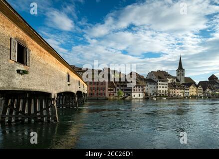 Germany, Baden Wuerttemberg, Historic wooden bridge over River Rhine from Gailingen to Diessenhofen Stock Photo