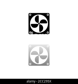 Computer cooling fan. Black symbol on white background. Simple illustration. Flat Vector Icon. Mirror Reflection Shadow. Can be used in logo, web, mob Stock Vector