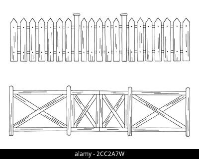 Wooden fence graphic black white isolated set sketch illustration vector Stock Vector