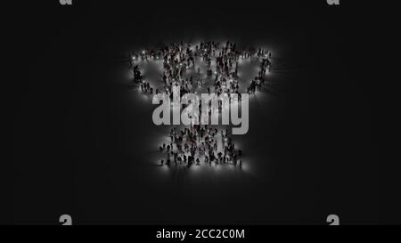 3d rendering of crowd of different people with flashlight in shape of symbol of award cup with dollar sign on dark background with shadows Stock Photo