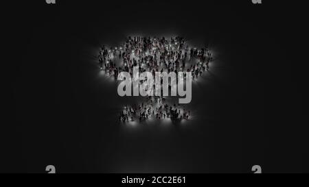 3d rendering of crowd of different people with flashlight in shape of symbol of winner cup on dark background with shadows Stock Photo