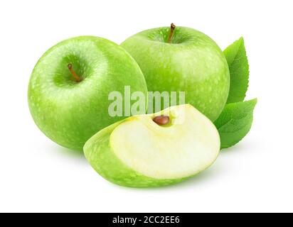 Isolated apples. Two whole green apples and a slice isolated on white background Stock Photo