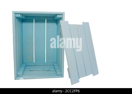 Wooden box of light blue color. isolated on white background. Stock Photo