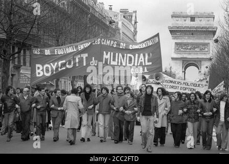 Several thousands of people demonstrate on May 31, 1978 in Paris to protest against the organisation in Argentina of the soccer World Cup. Stock Photo