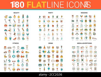 Flat thin line icons vector illustration set with beauty fashion salon symbols, fitness sport, wedding party entertainment and drink cocktails, social media advertising outline modern collection Stock Vector