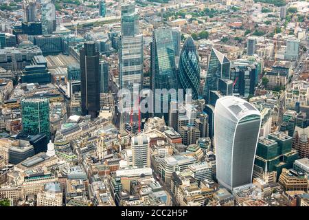 Horizontal aerial view of the skyscrapers in the City of London.