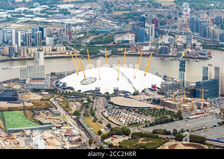 Horizontal aerial view of the O2 arena, formerly the Millennium Dome in Greenwich, London.