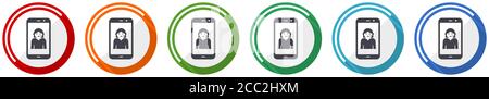 Online customer service in smartphone, icon set, flat design vector illustration in 6 colors options for webdesign and mobile applications Stock Vector