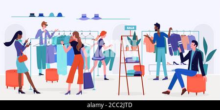 People shopping on sale vector illustration. Cartoon flat man woman shopper characters buy clothes and accessories in retail store, shop or boutique interior, modern style fashion showroom background Stock Vector
